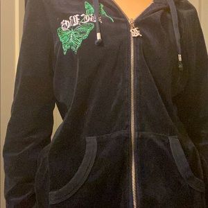 •Black Velour Zipup Hoodie Jacket Green Butterflies by Bcbgmaxazria•